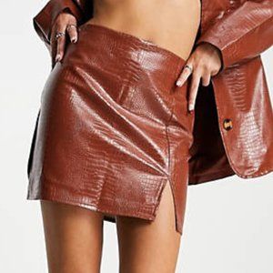 ASOS Daisy Street Brown Croc Vinyl Leather High Waist Slit Mini Skirt